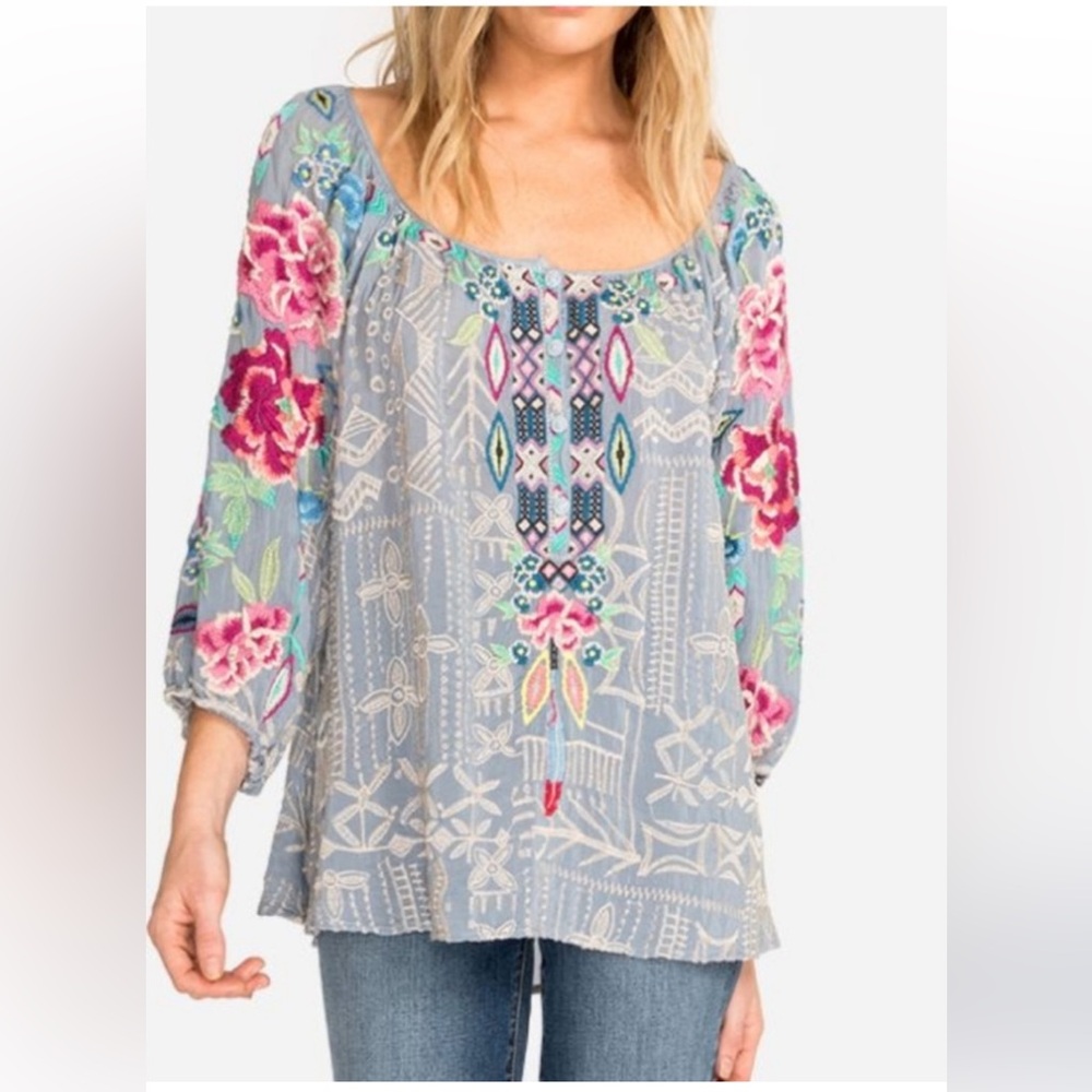 Johnny Was Trista Embroidered Peasant Blouse OVERSIZED w MEASUREMENTS Sz S